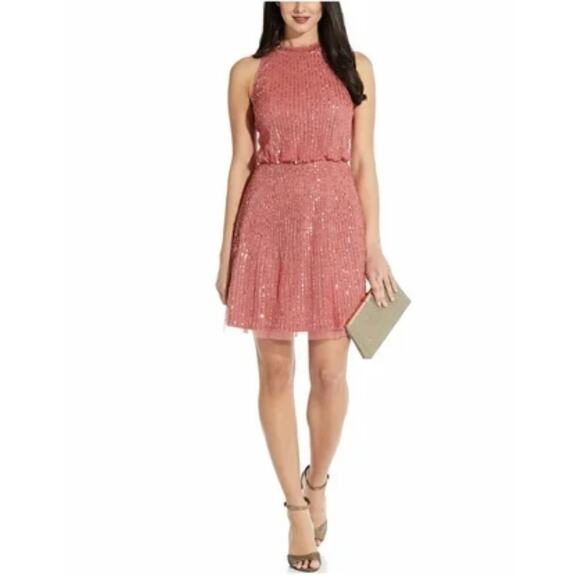 Adrianna Papell Sequined Mini Sheath Cocktail Dress Colorful Coral Pink Size 8 - Picture 10 of 12